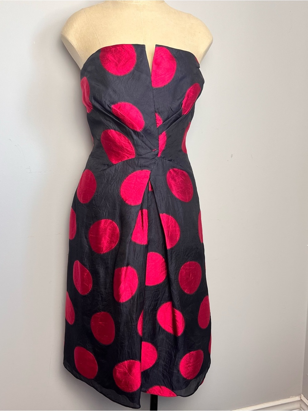 Armani Collezioni Black Strapless Silk Dress with Bright Pink Polka Dots